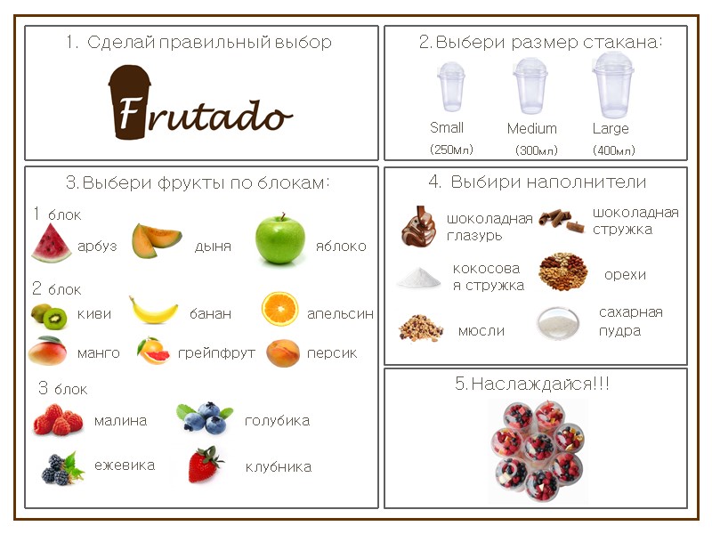 1. Сделай правильный выбор 2.Выбери размер стакана: Small (250Мл) Medium   (300мл) Large